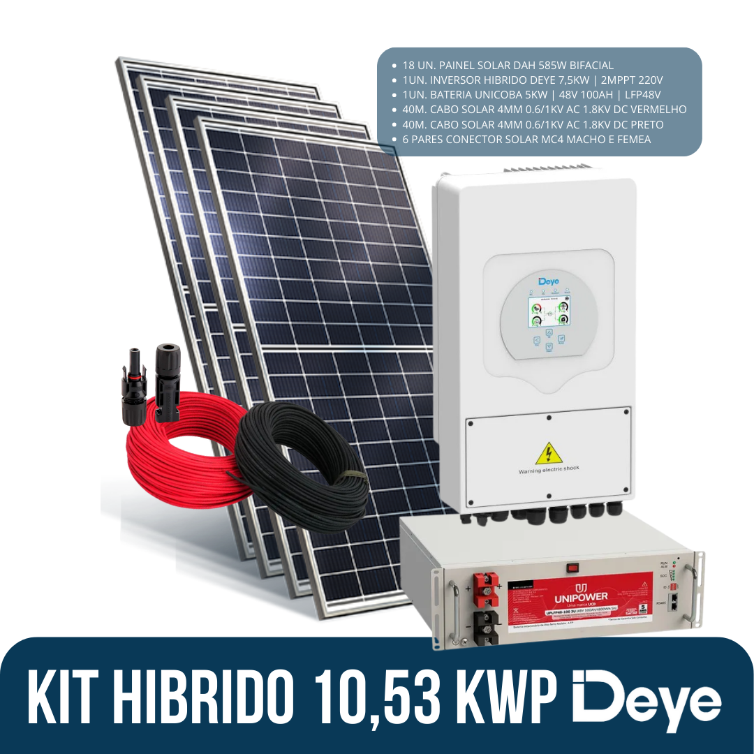 KIT HÍBRIDO 10,53 KWP [ DEYE HÍBRIDO 7,55KW + 18 DAH 585W BF/FS + BATERIA UNICOBA 5KWH + 40M CABOS CC + 6 PARES MC4 ]