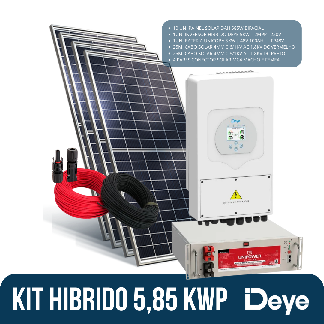 KIT HÍBRIDO 5,85 KWP [ DEYE HÍBRIDO 5KW + 10 DAH 585W BF/FS + BATERIA UNICOBA 5KWH + 25M CABOS CC + 4PARES MC4 ]