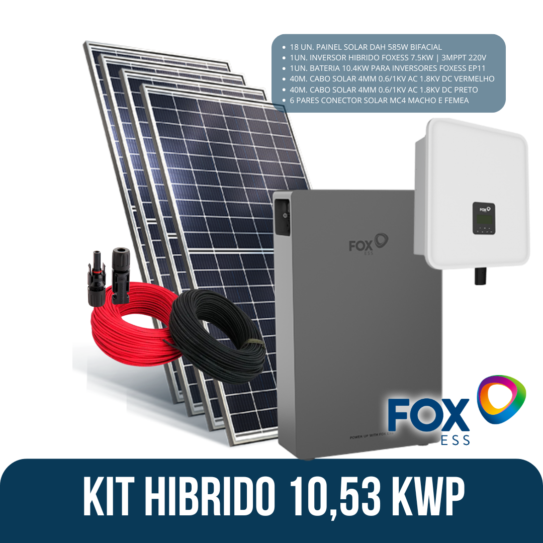 KIT HÍBRIDO 10,53KWP FOXESS [INV FOXESS 7,5KW + 18 DAH 585W BF/FS + BATERIA FOXESS 10,4KWH + 40M CABOS CC + 6 PARES MC4]