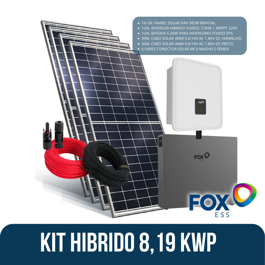 KIT HÍBRIDO 8,19KWP FOXESS [INV FOXESS 7,5KW + 14 DAH 585W BF/FS + BATERIA FOXESS 5,2KWH + 30M CABOS CC + 6 PARES MC4]